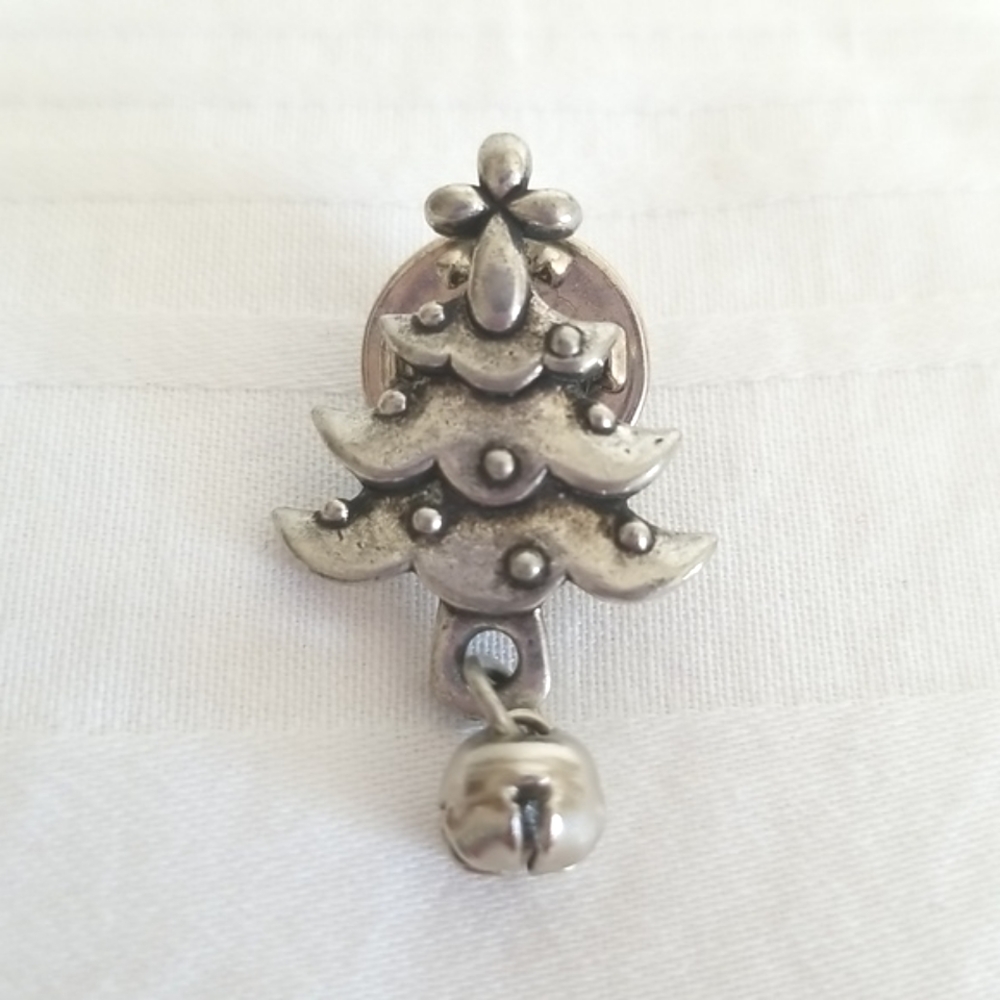 Vintage Sterling Silver Christmas Tree Cross Bell Pin